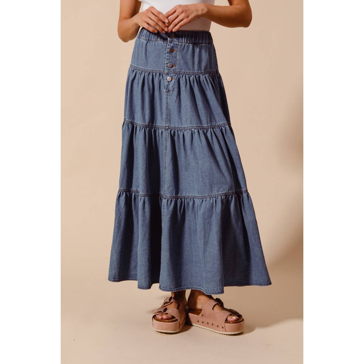 Shirred Denim Maxi Skirt