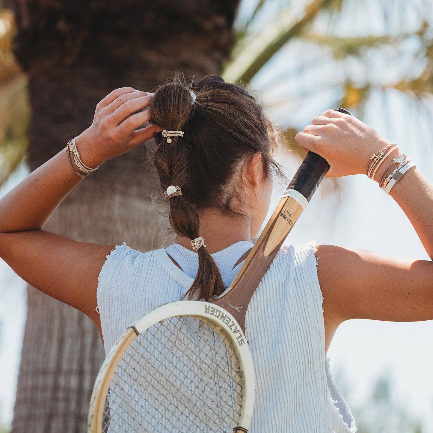 "Rise" Cream and Tan With Gold and Sun Accents Hair Tie Bracelets 