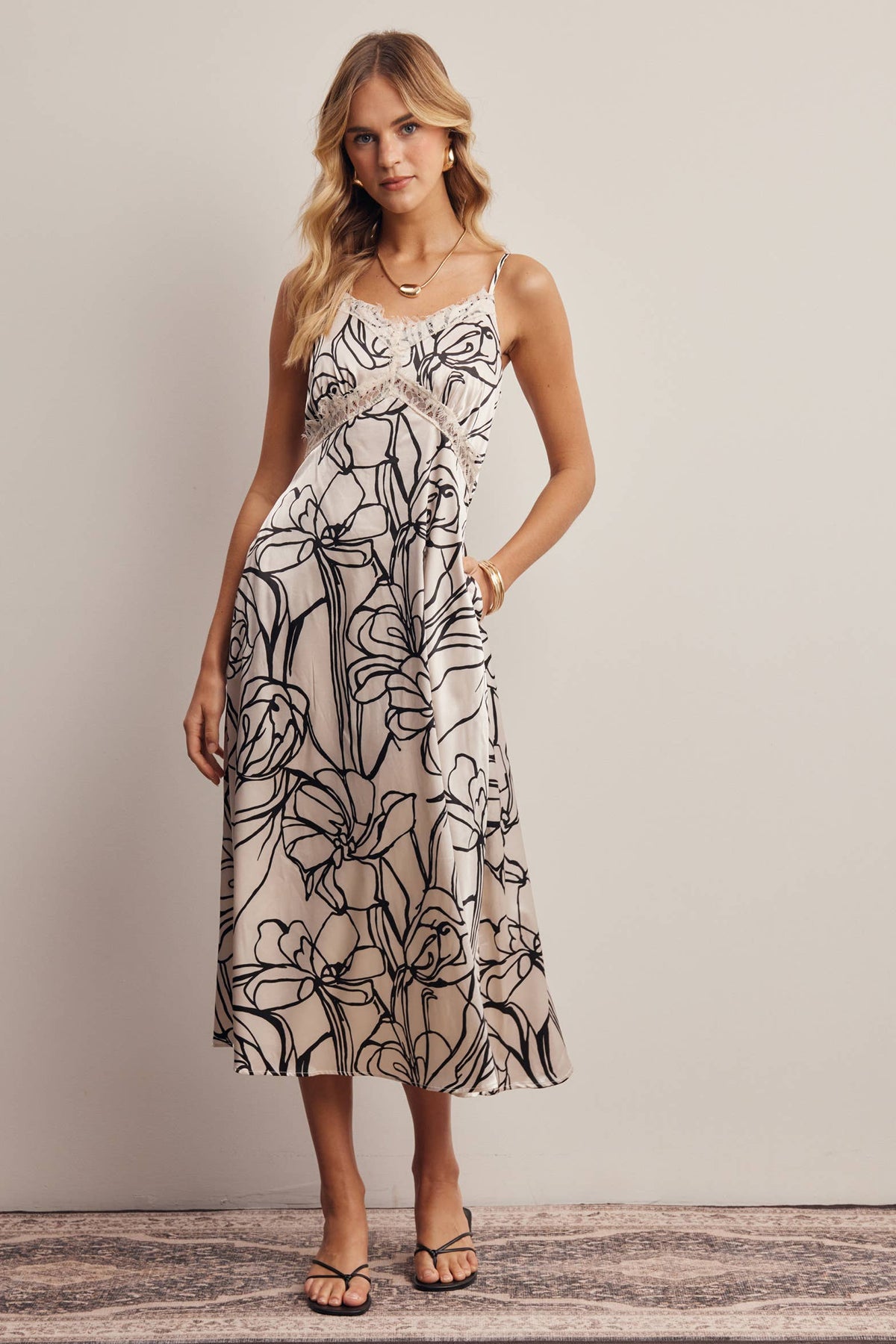 Lace Trim Floral Satin Midi Dress FD0061