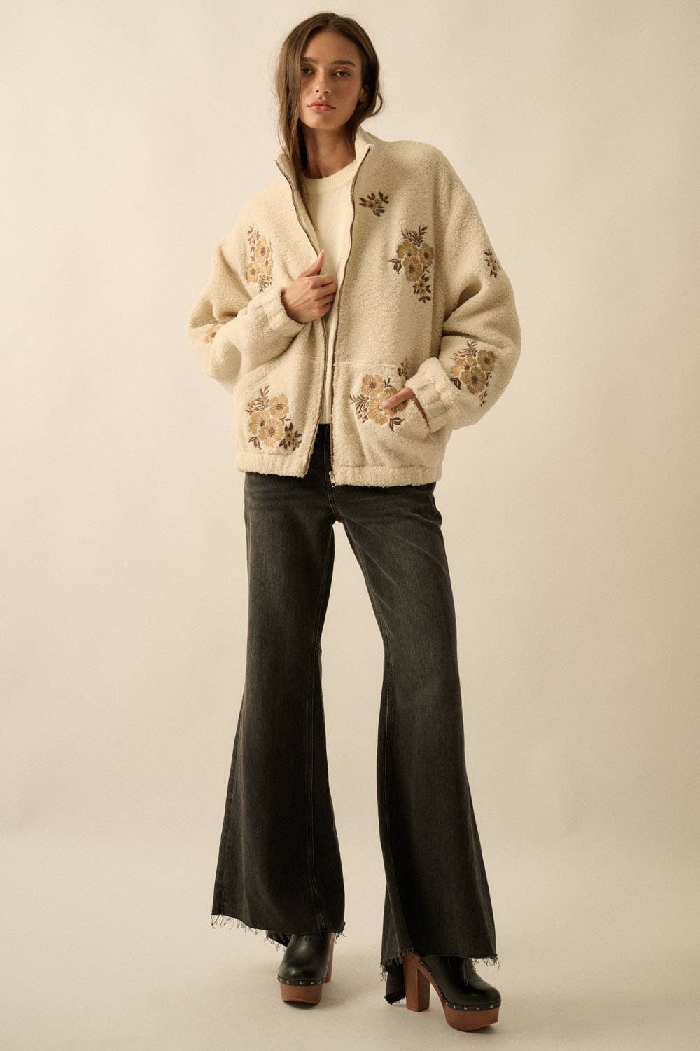 Floral Embroidered Sherpa Fleece Zip-Up Jacket