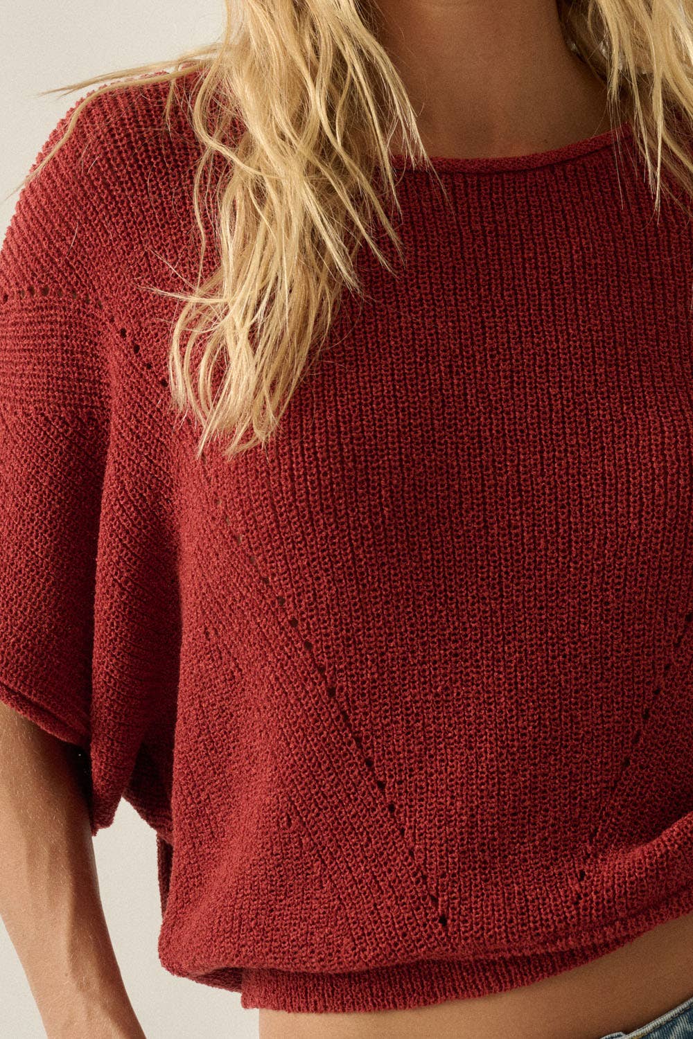 Short-Sleeve Pointelle Ribbed Knit Sweater