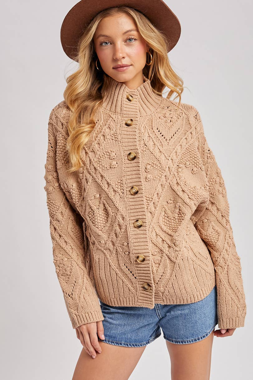 Button Down Mock Neck Cable Knit Cardigan, Sweater