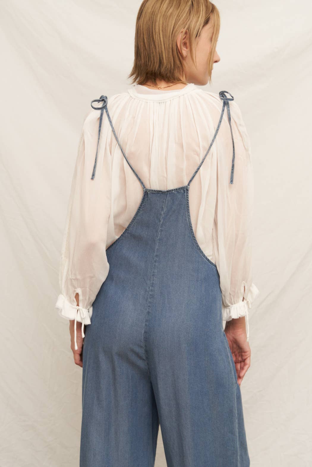 Tie Shoulder Soft Denim Jumpsuit