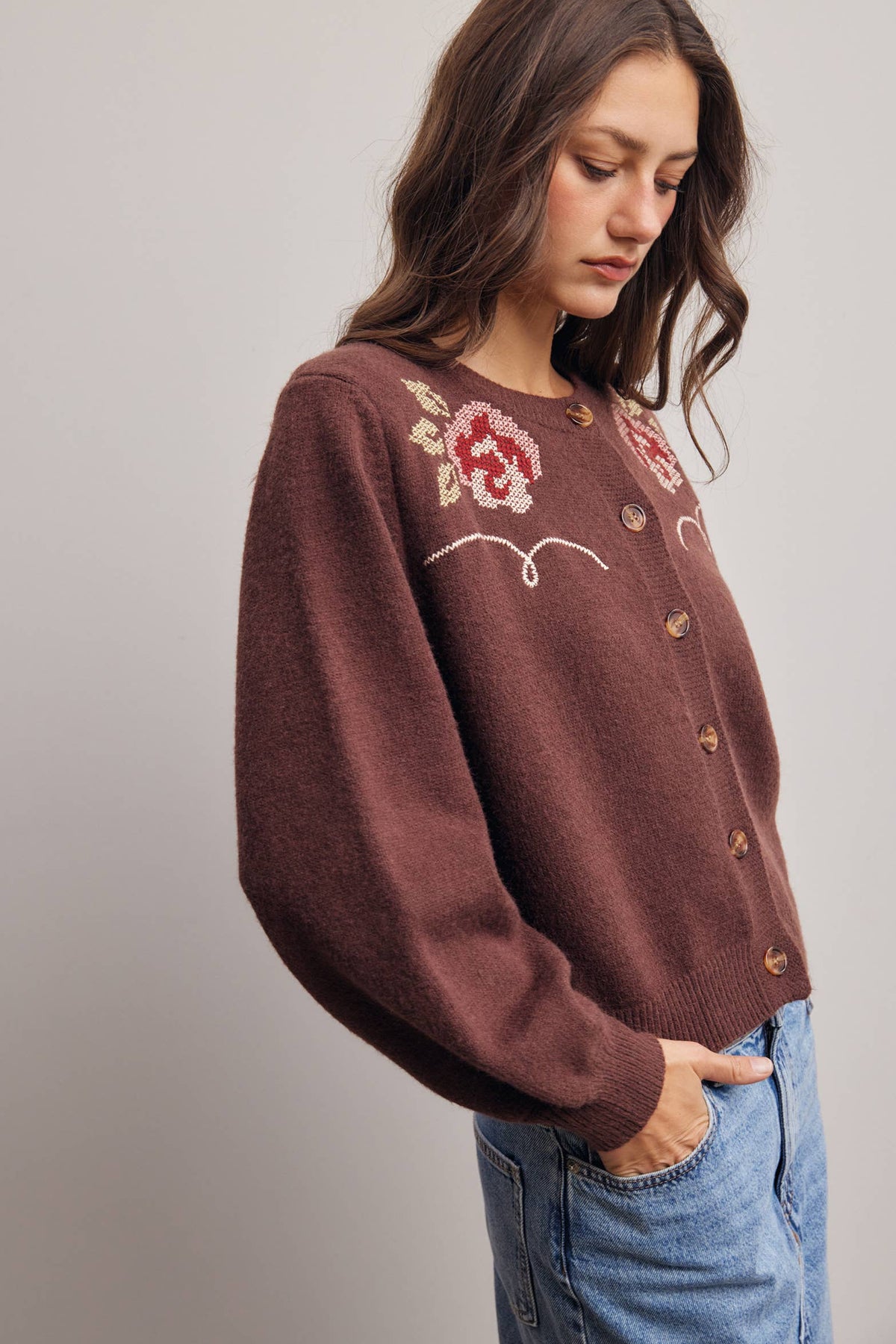 Floral Embroidered Knit Cardigan
