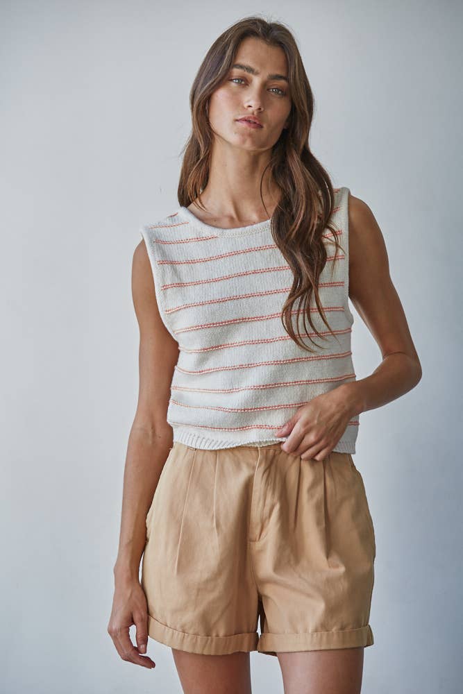 Knit Striped Sweater Tank with Open Back Tie Straps