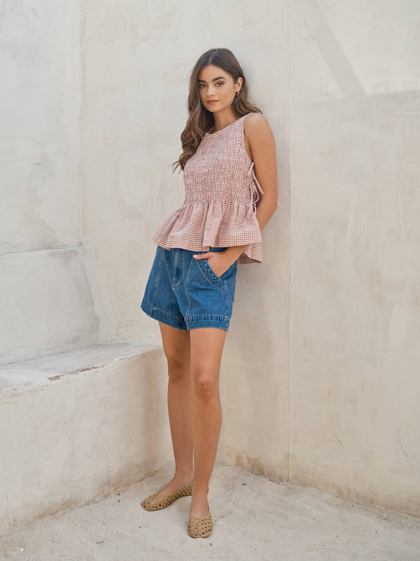 Sleeveless Denim Smocked Tie Top