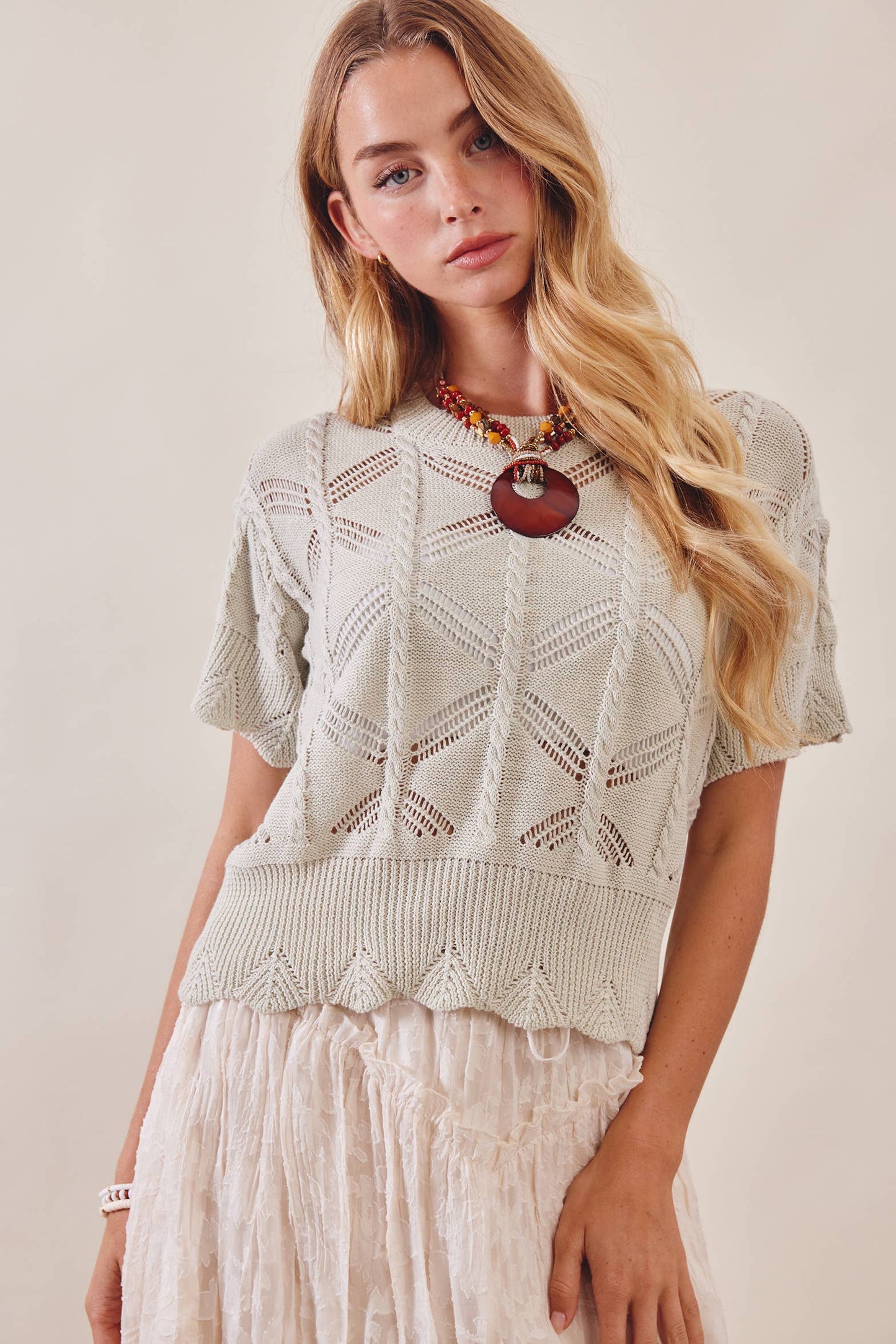 Pointelle Short Sleeve Knit Top