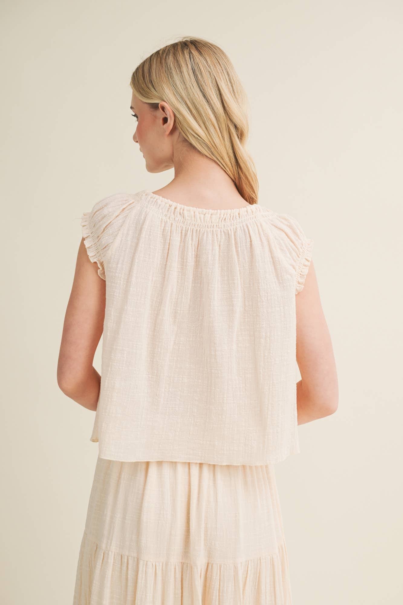 Gathered Tassel Tie Ruffle Sleeve Top