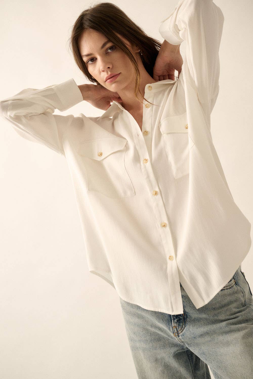 Solid Woven Loose-Fit Button-Up Pocket Shirt 
