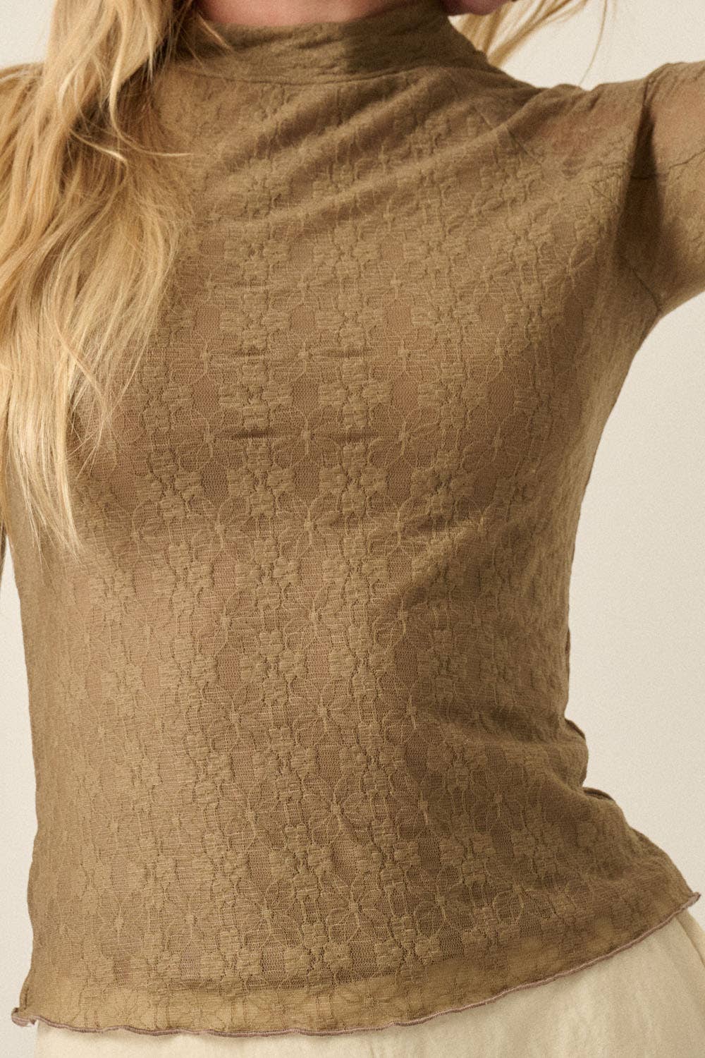 Floral Lace Mock-Neck Fitted Long-Sleeve Thumbhole Top