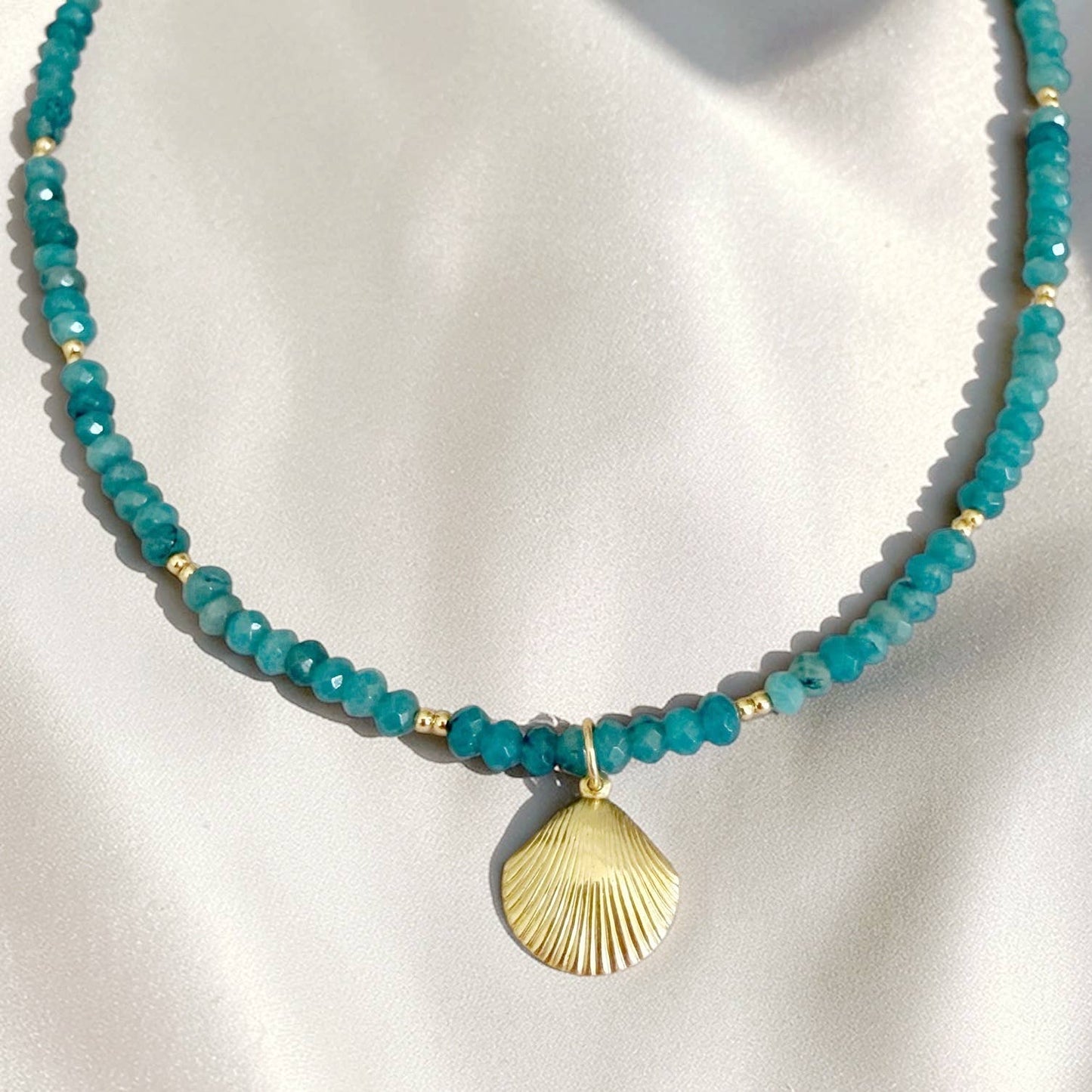 High Tide Blue Shell Beachy Beaded Necklace Gold Filled