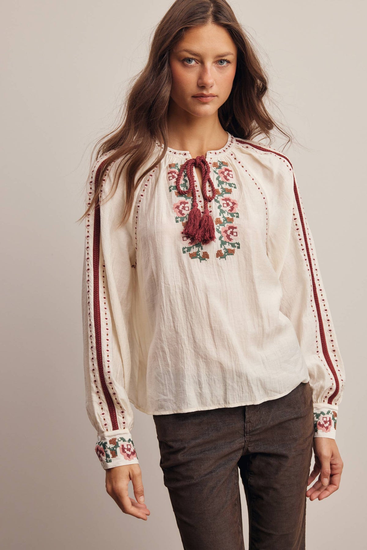 Floral Embroidered Tassel Tie Blouse