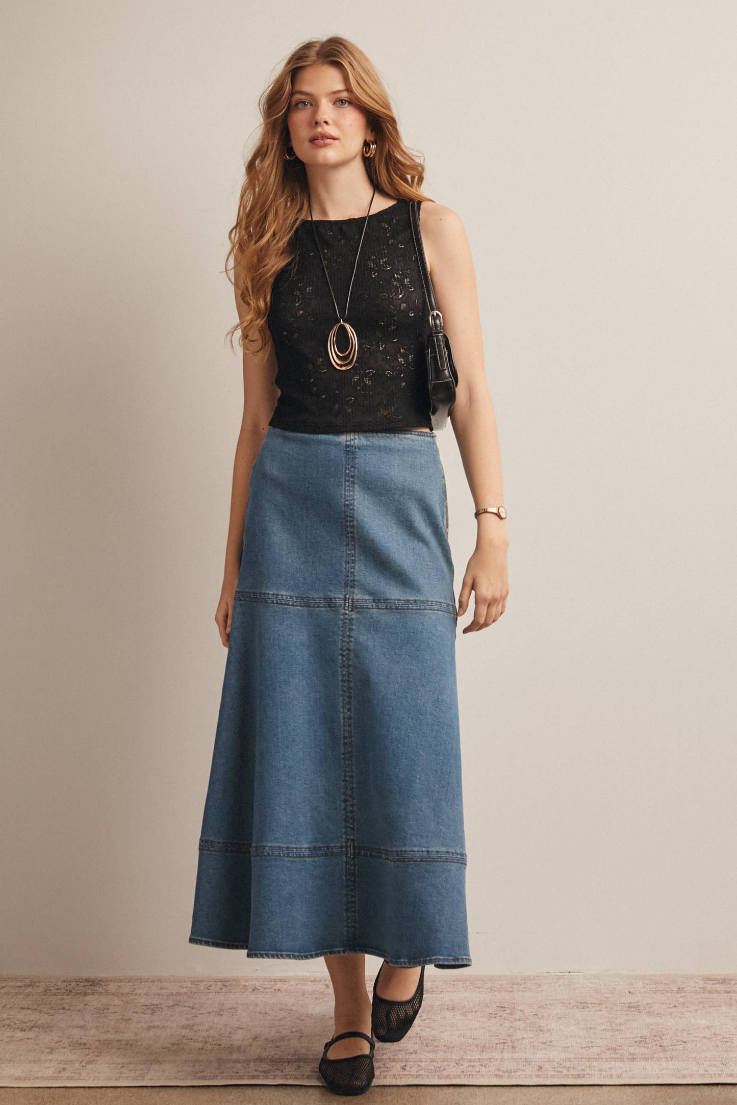 Panel Seam A-Line Denim Maxi Skirt