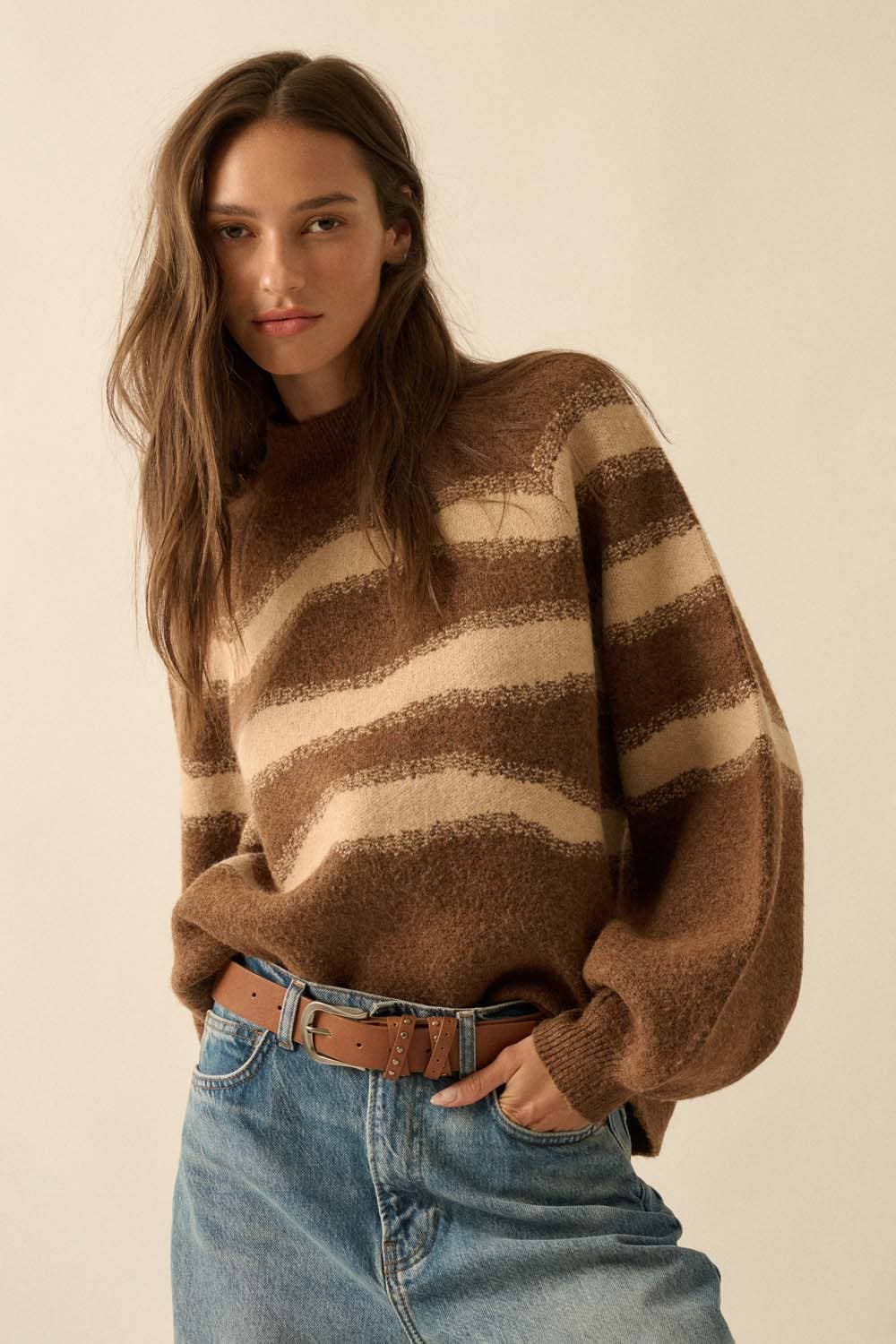 Striped Jacquard-Knit Bubble-Sleeve Sweater