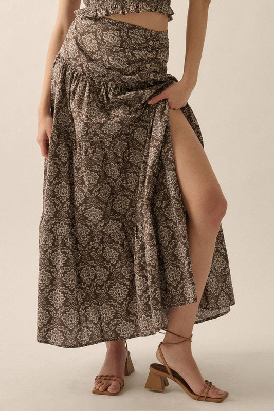 Floral Woven Tiered Ruffle A-Line Maxi Skirt 