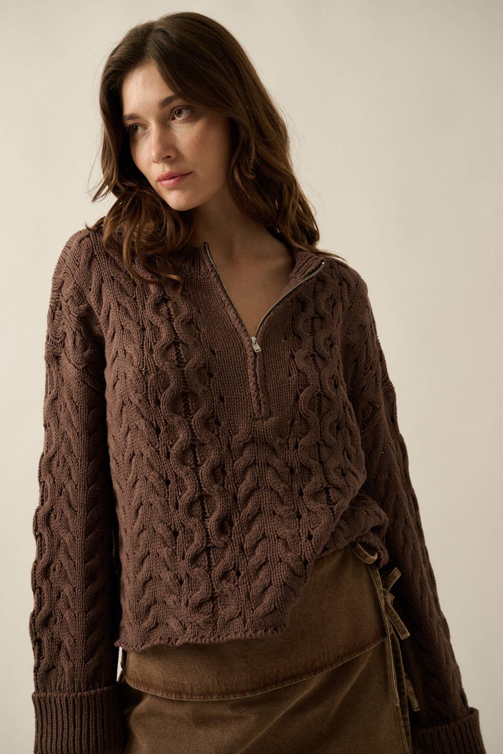 Cable-Knit Half-Zip Cuffed Drop-Shoulder Sweater