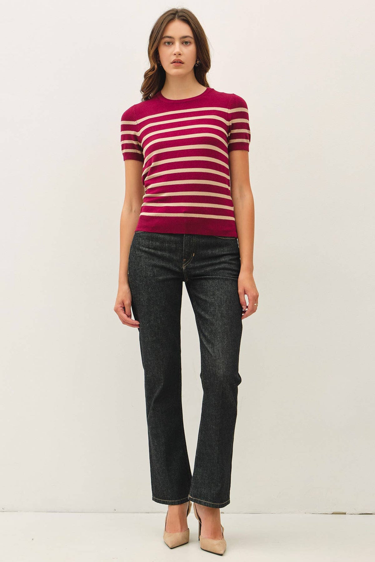 Striped Classic Cut Sweater Top-Wine