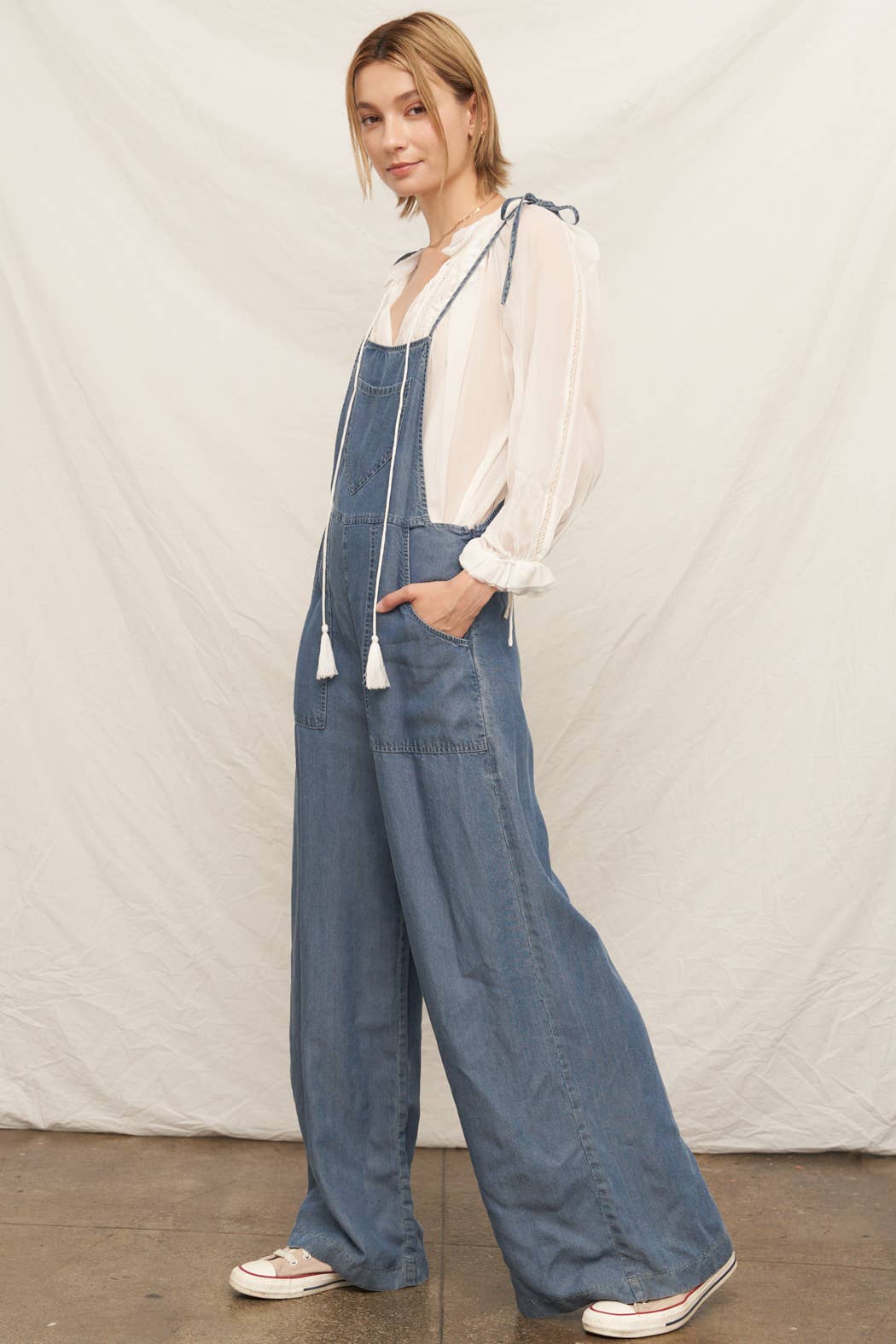 Tie Shoulder Soft Denim Jumpsuit