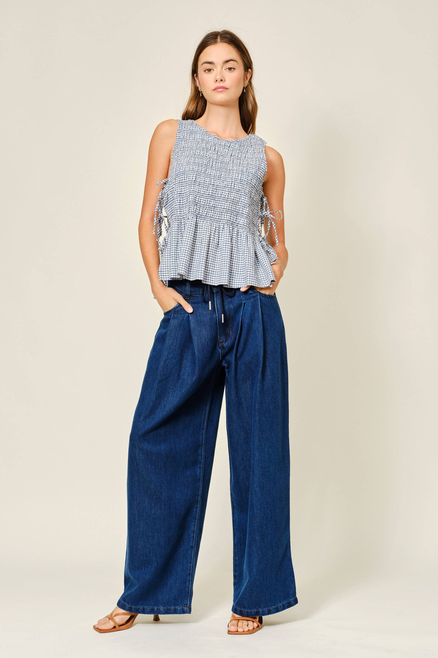 Sleeveless Denim Smocked Tie Top