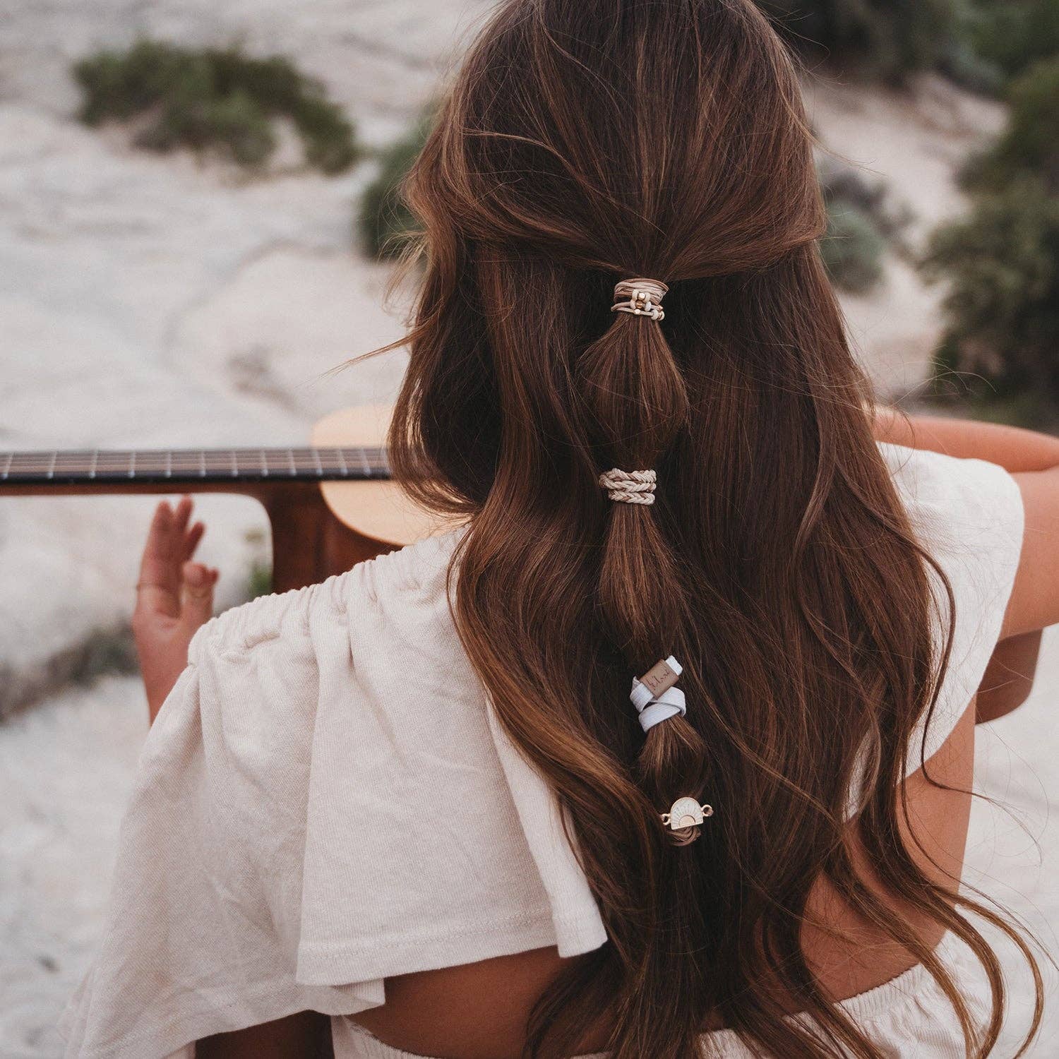 "Rise" Cream and Tan With Gold and Sun Accents Hair Tie Bracelets 