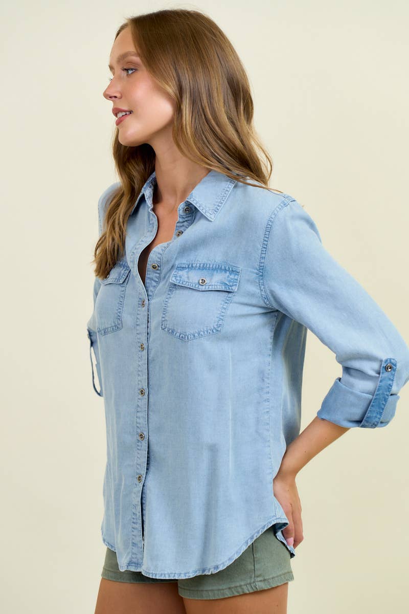 Chambray Button Down Shirt With Roll up Sleeve