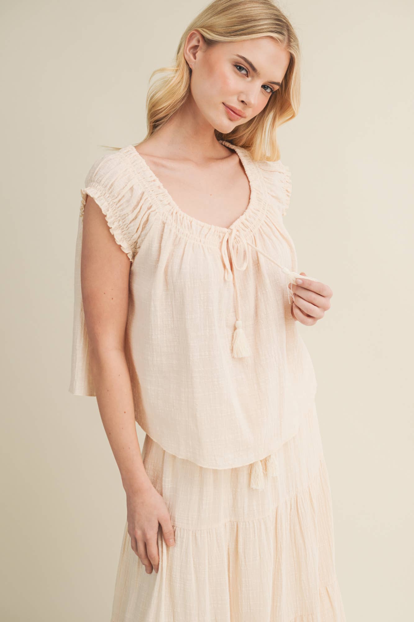 Gathered Tassel Tie Ruffle Sleeve Top