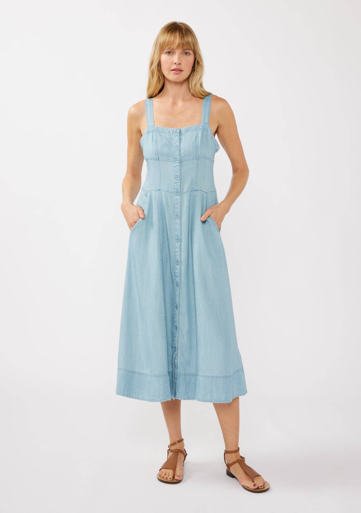 Square Neck Button Down Corset Midi Dress