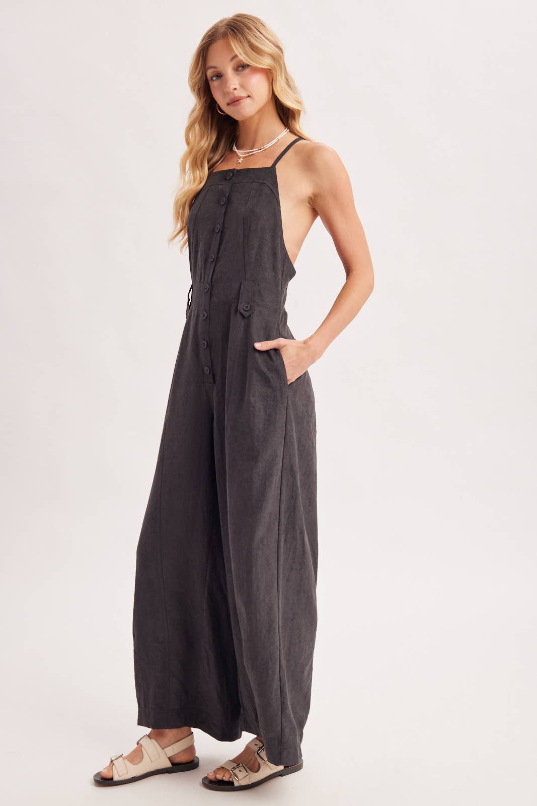 Button Down Apron Style Sleeveless Wide Leg Jumpsuit