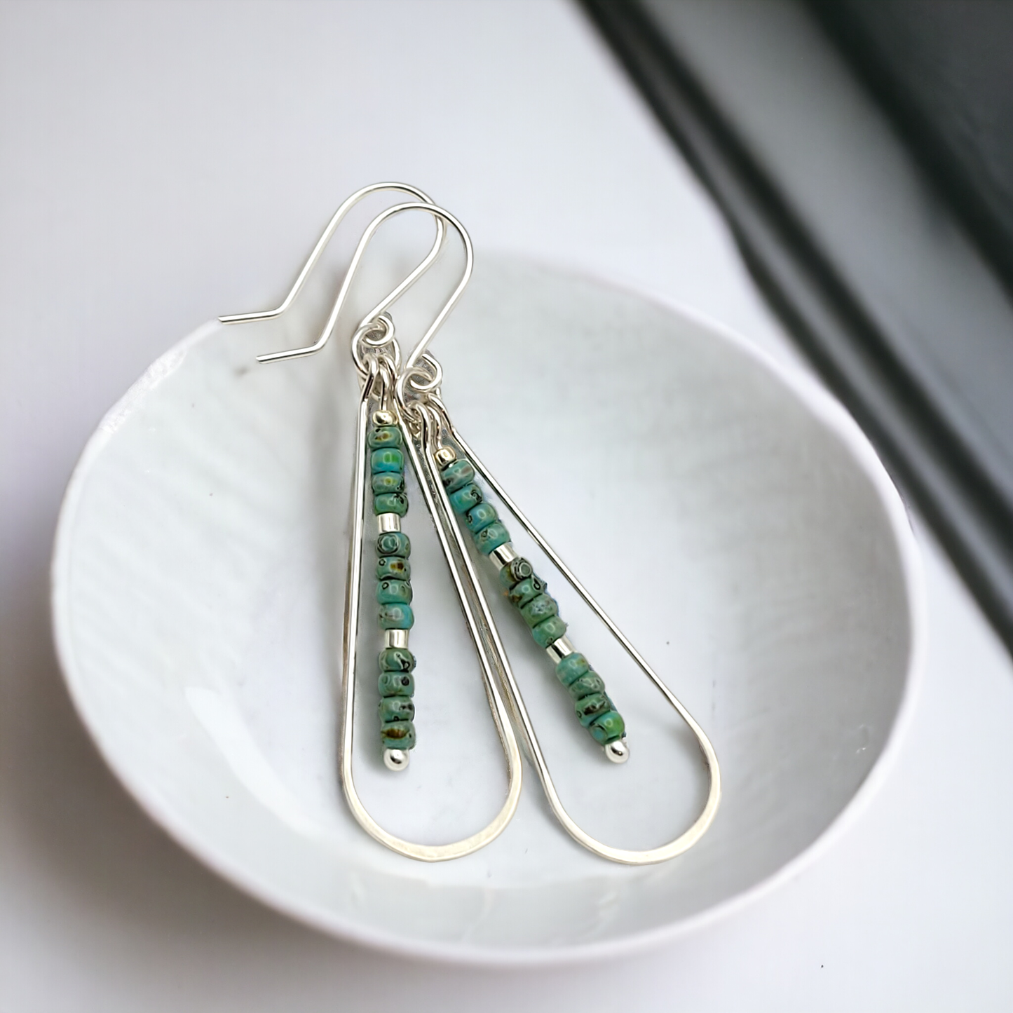 Long Silver Teardrop Hoop Earrings with Turquoise Beads 