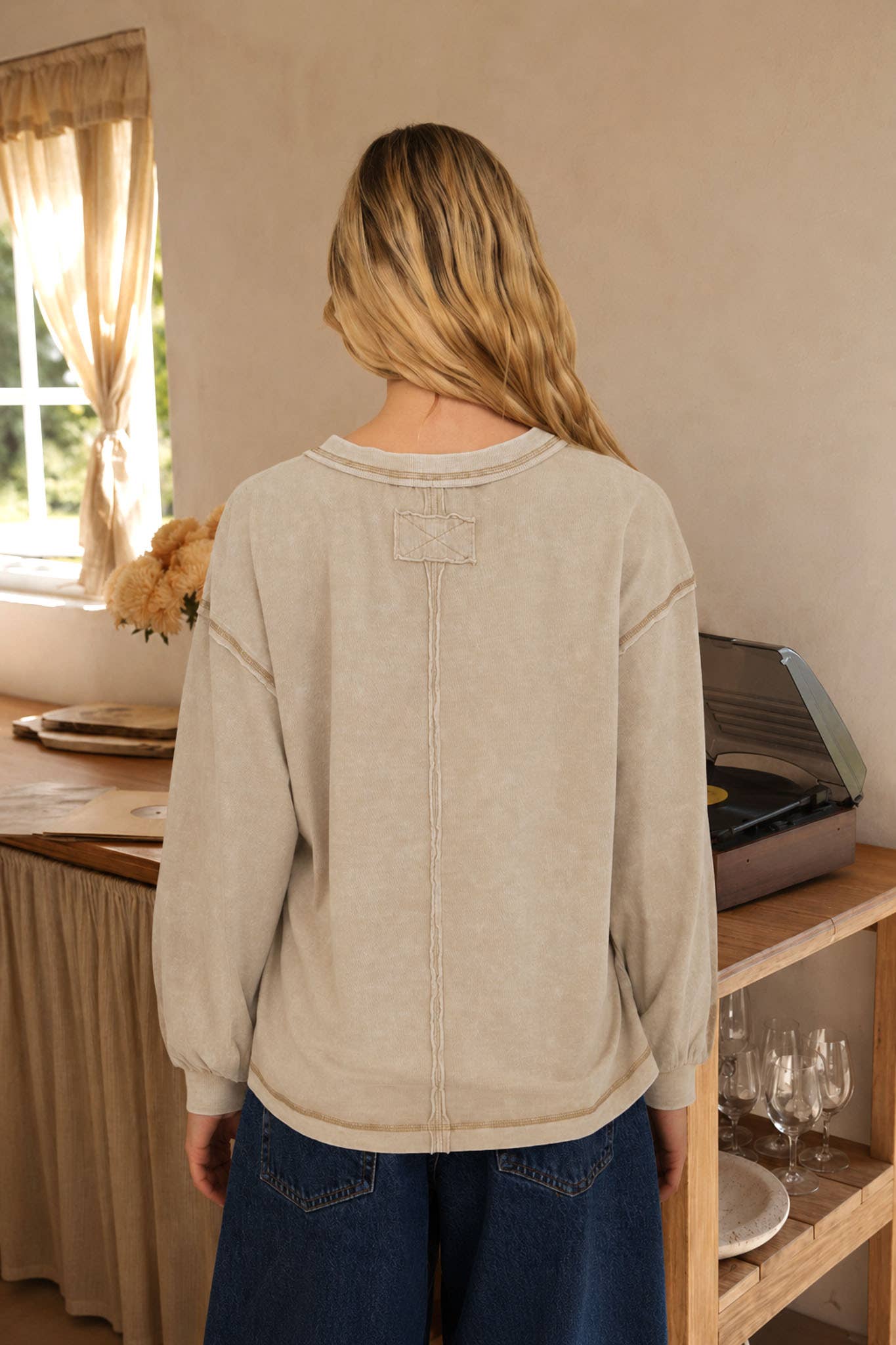 Reverse Seam Detail Long Sleeve V Neck Sweatshirt
