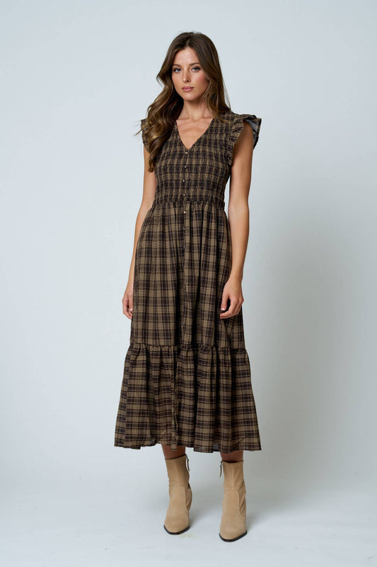Plaid Smocked & Ruffled Midi Dress