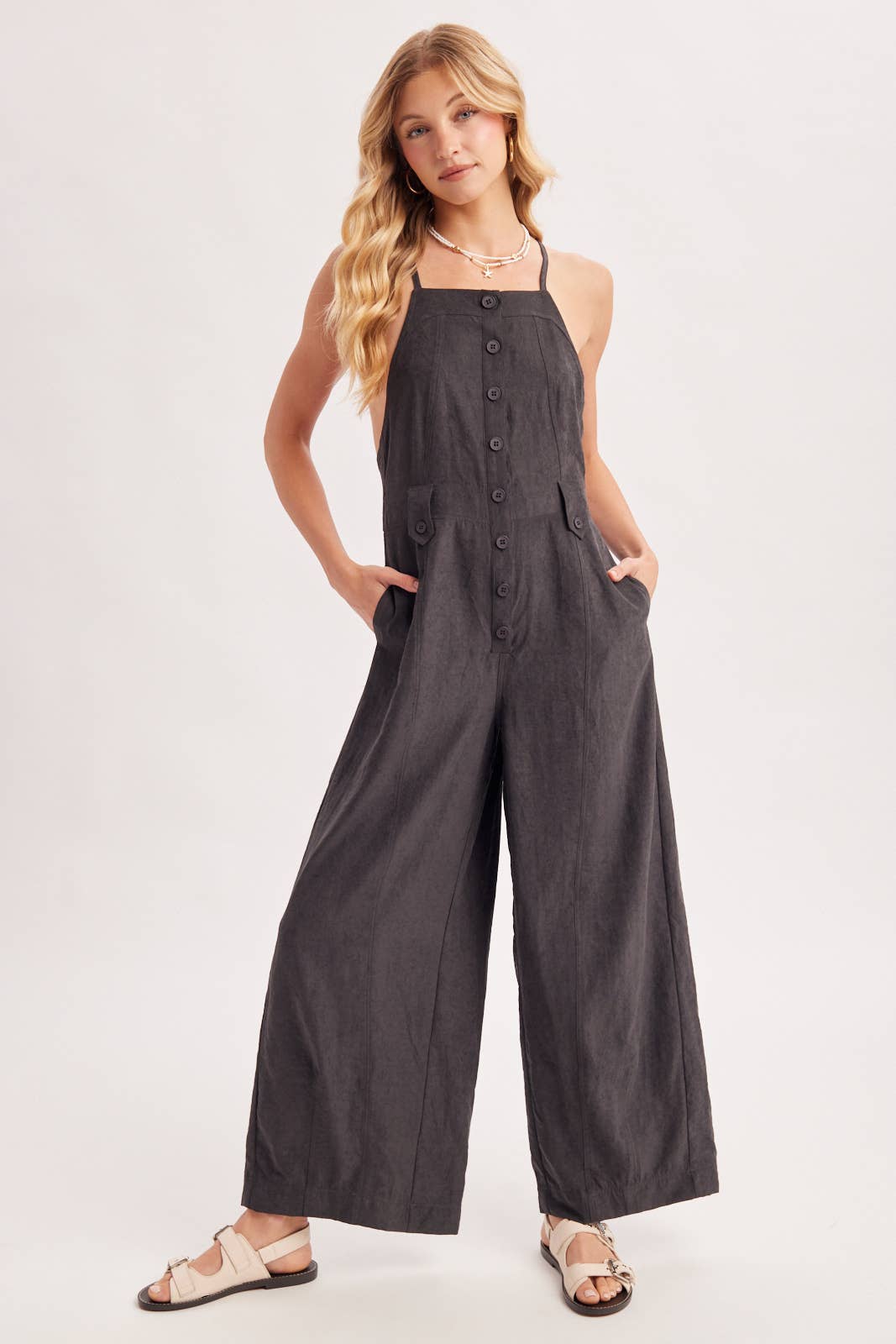 Button Down Apron Style Sleeveless Wide Leg Jumpsuit