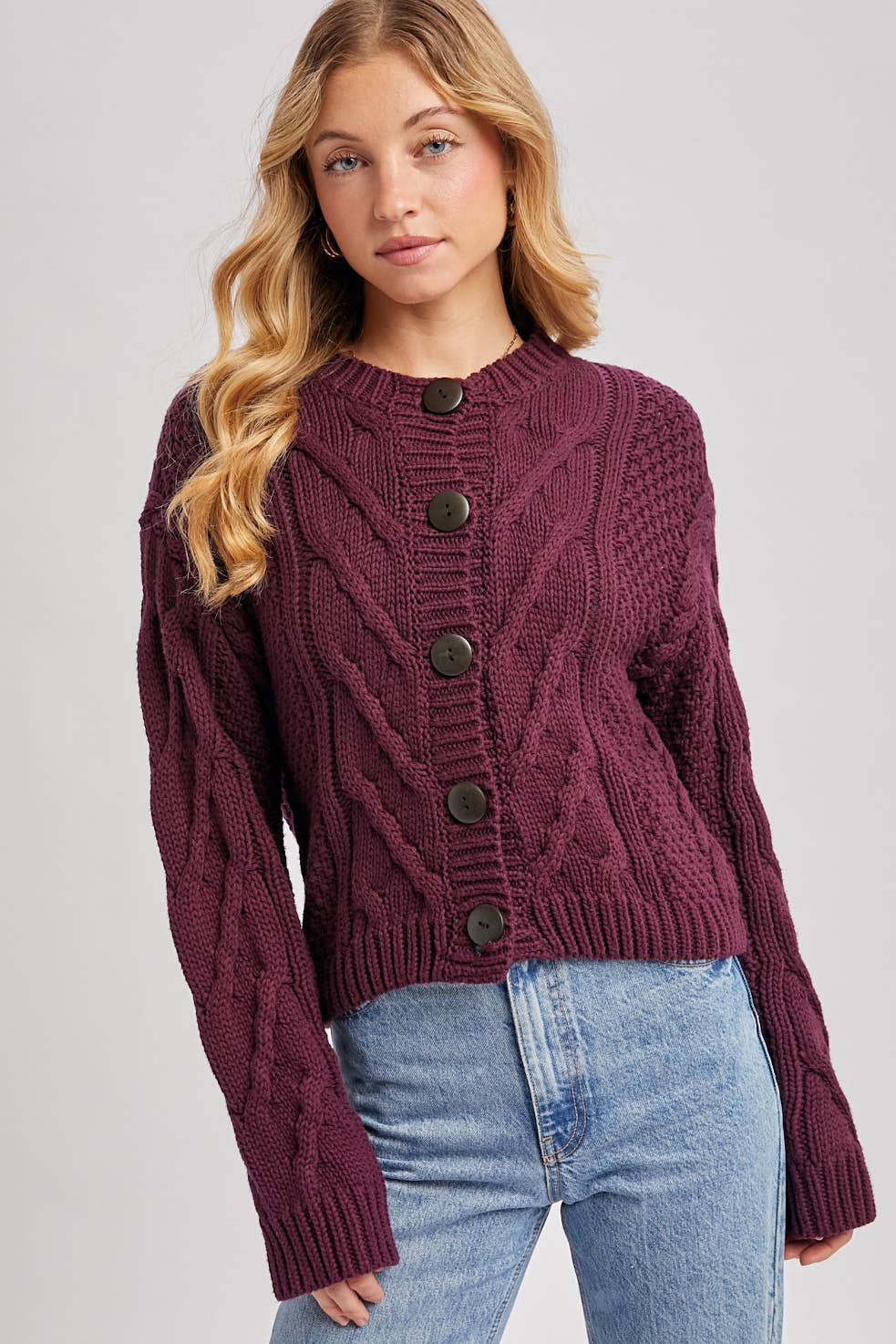 Wine Button Front Cropped Cable Knit Sweater, Cardigan