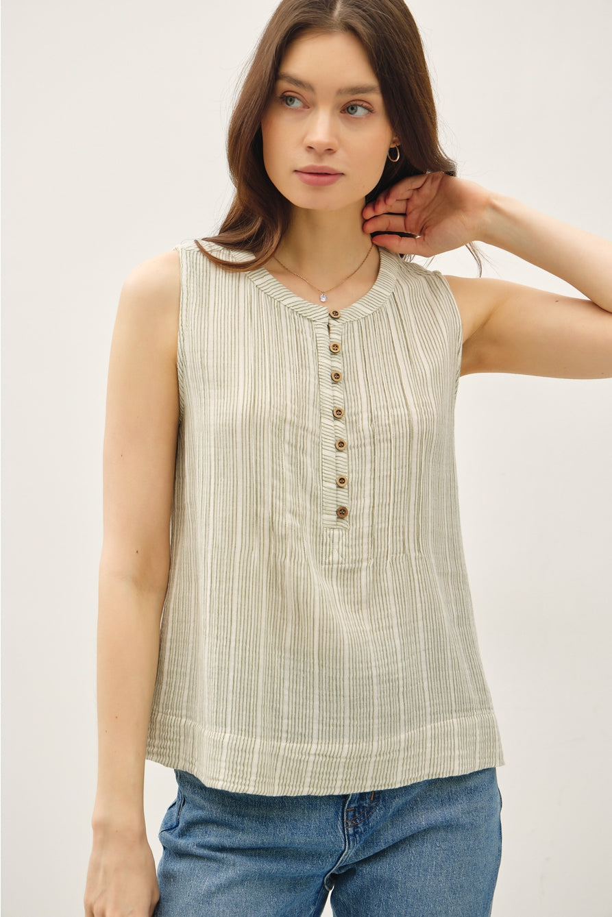 Sage Striped Gauze Tank