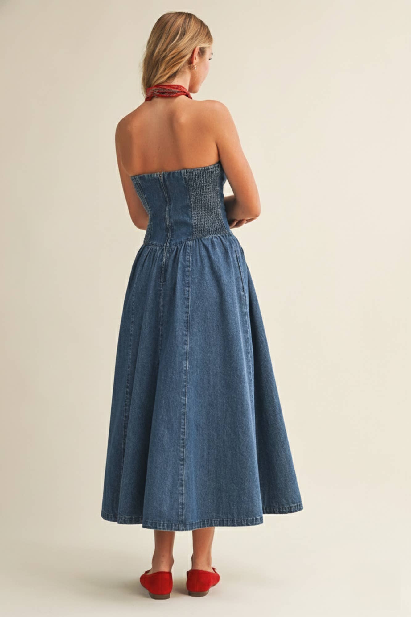 Seamed Bustier Full Skirt Denim Dress