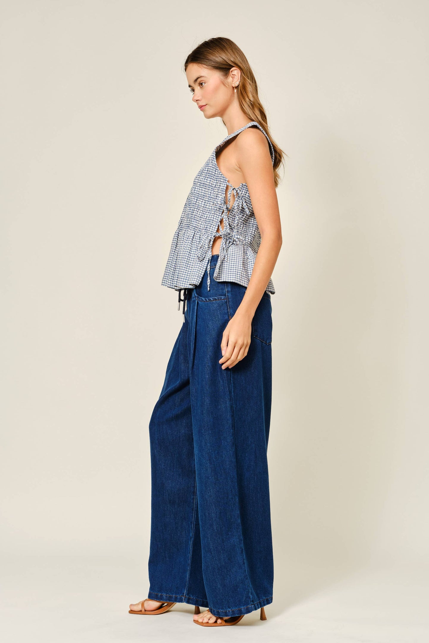 Sleeveless Denim Smocked Tie Top