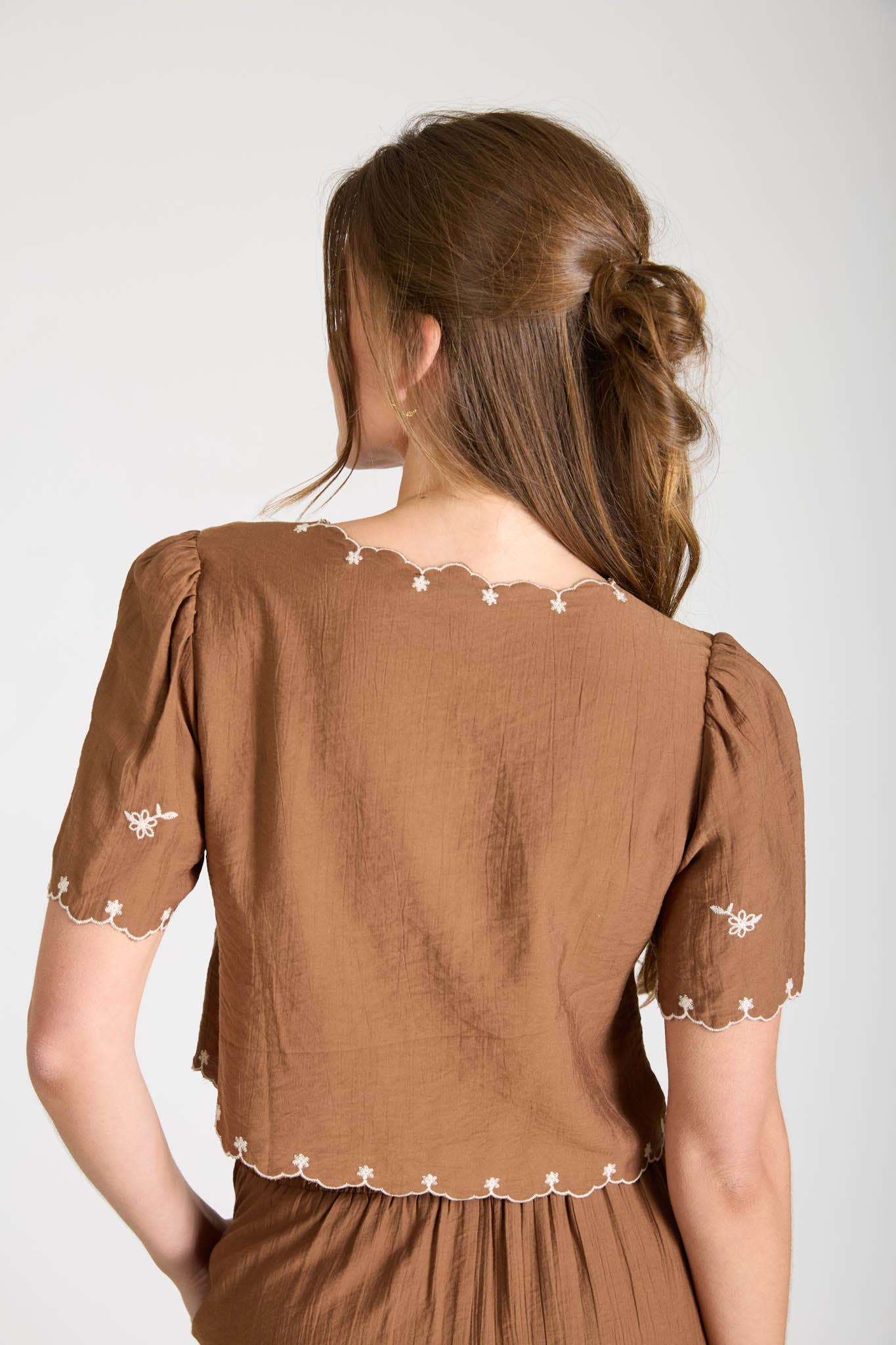 Embroidered Short Sleeve Front Tie Top