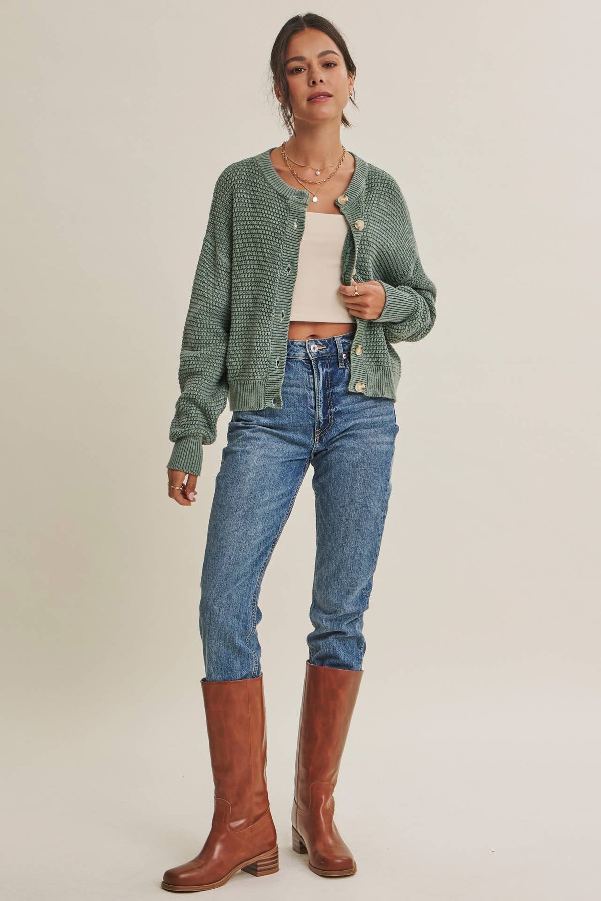 Sage Green Waffle Cardigan