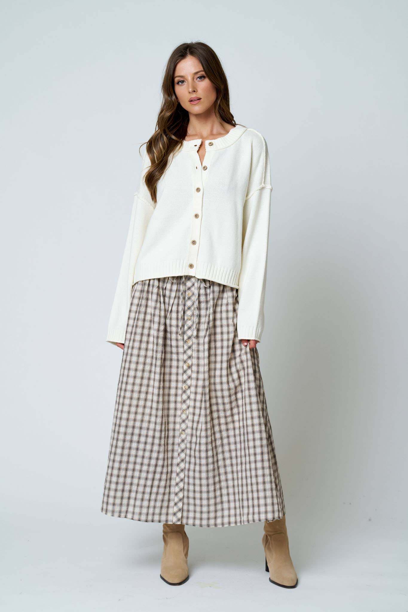 Plaid Smocked Waist Midi Skirt