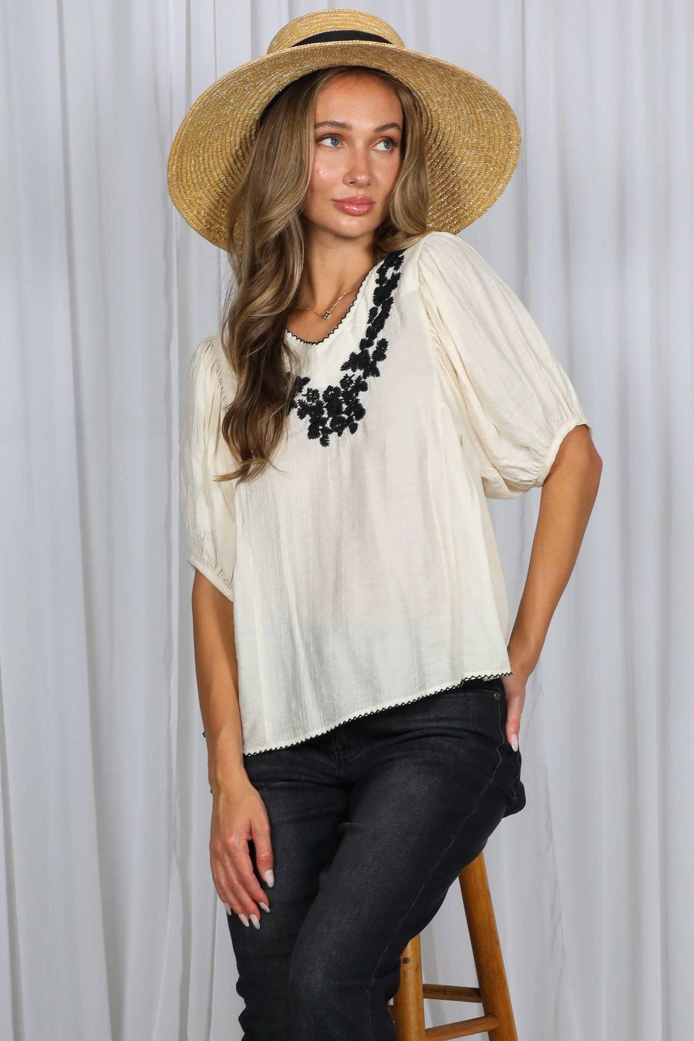 Boho Inspired V-Neck Floral Embellished Accent Top