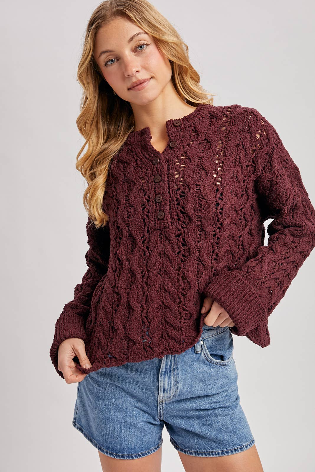 Wine Half Button Down Sweater