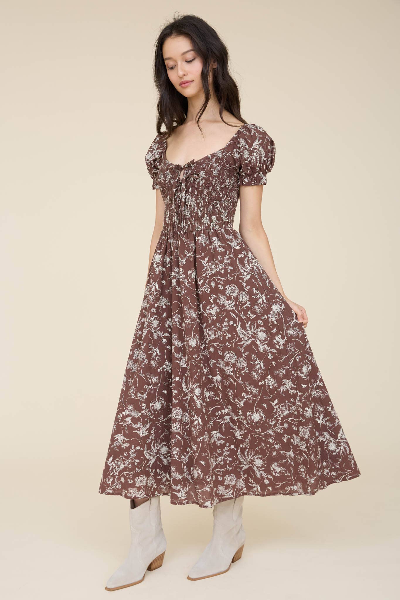 Floral Toile Smocked Midi Dress
