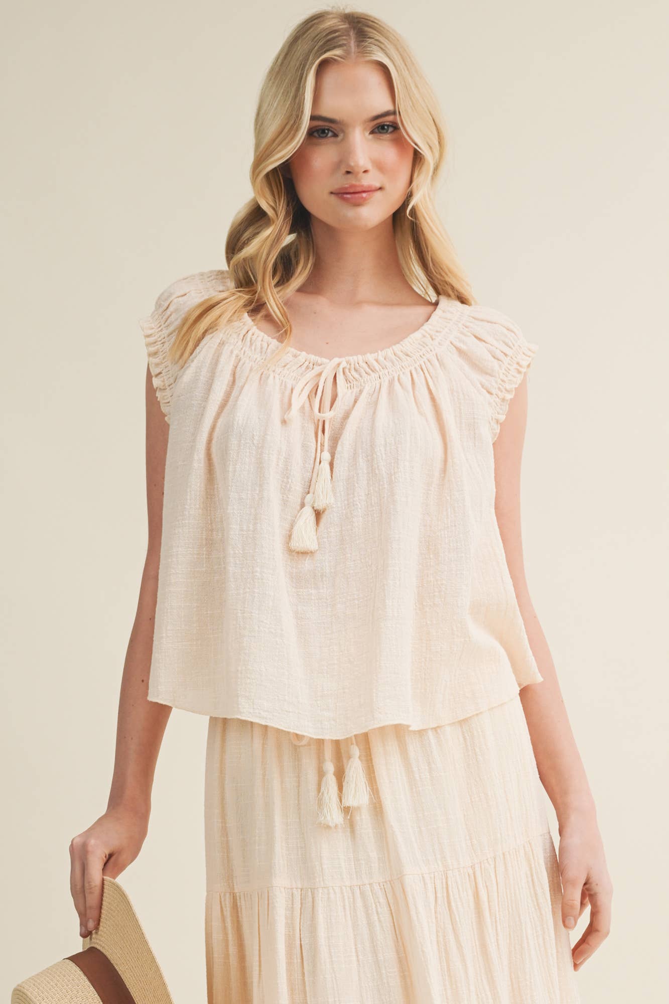 Gathered Tassel Tie Ruffle Sleeve Top