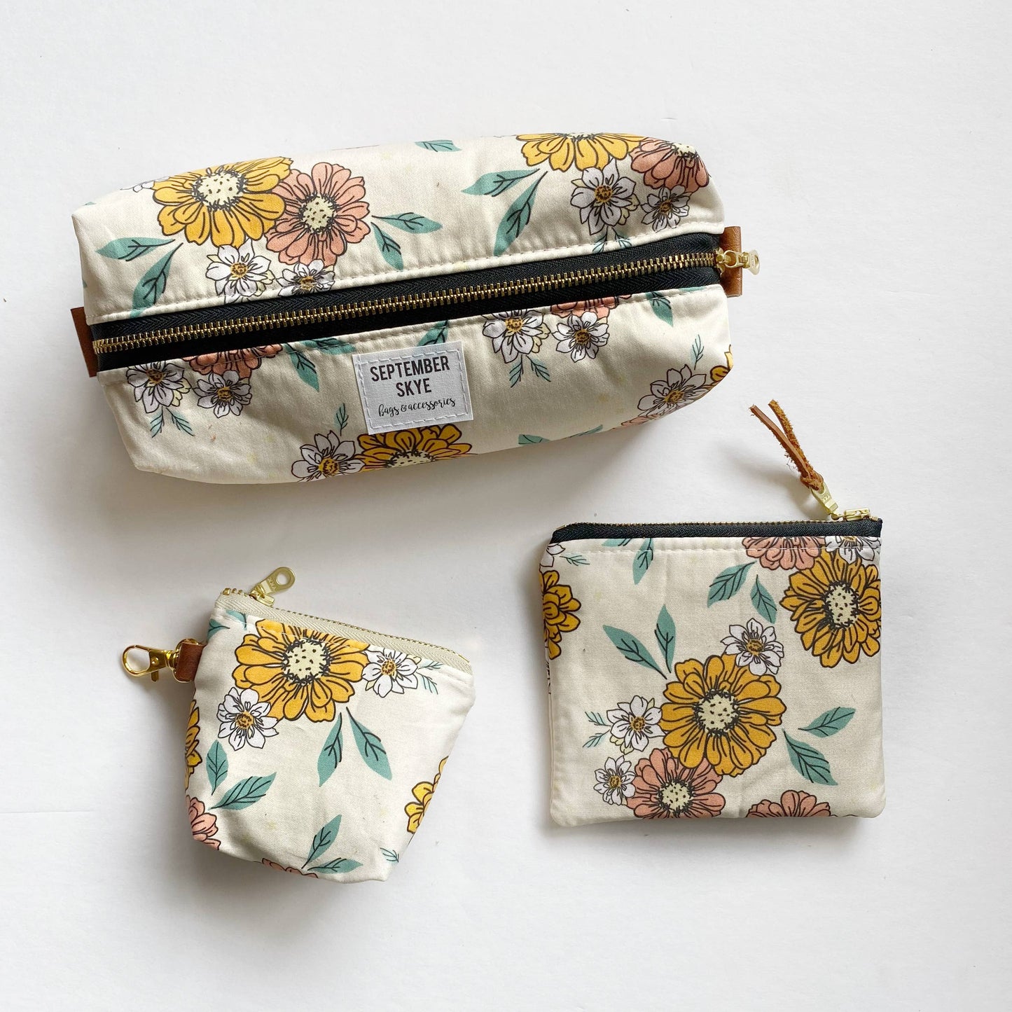 Small square pouch in rainbow dreams floral cream and pink