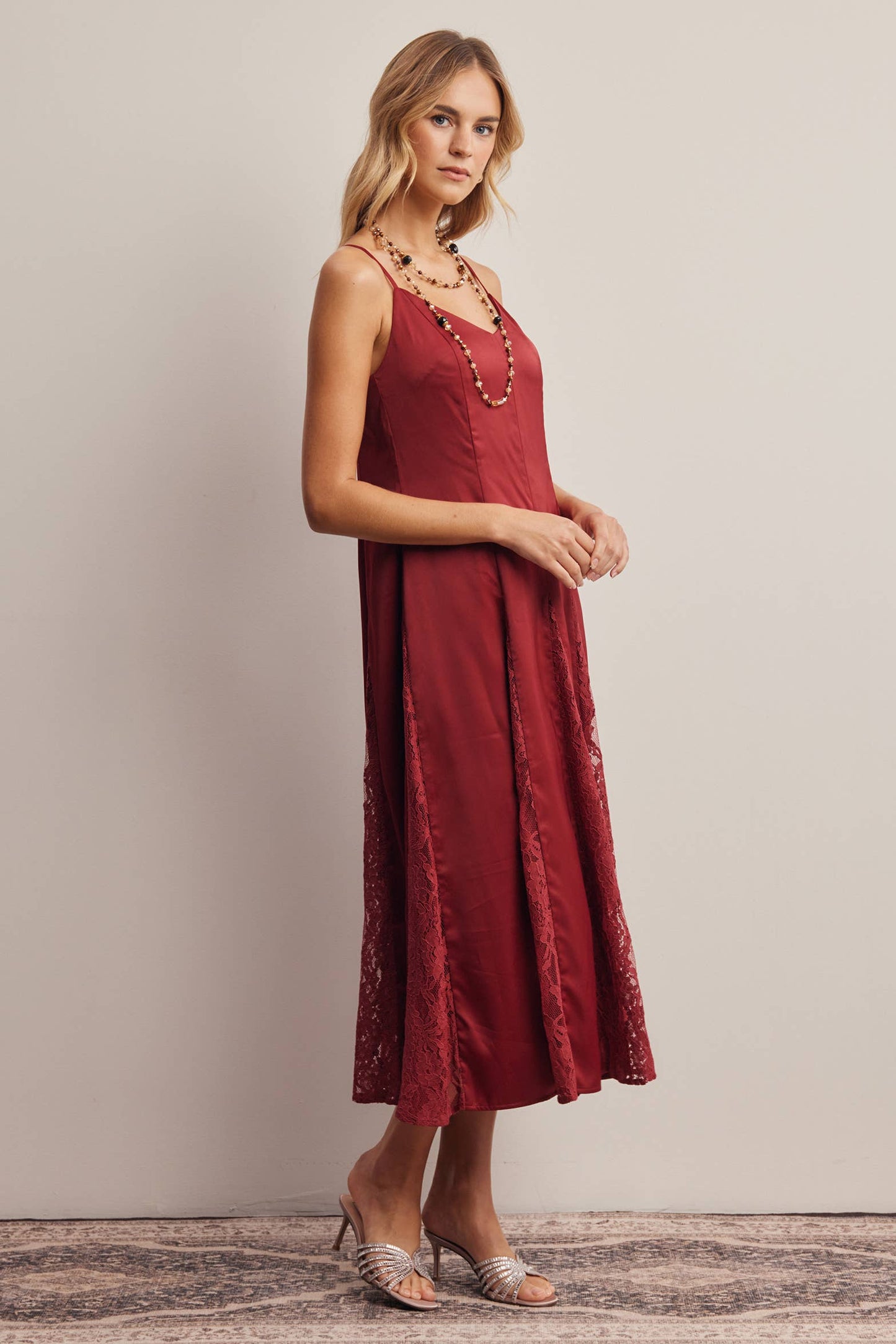 Lace Panel Satin Slip Midi Dress