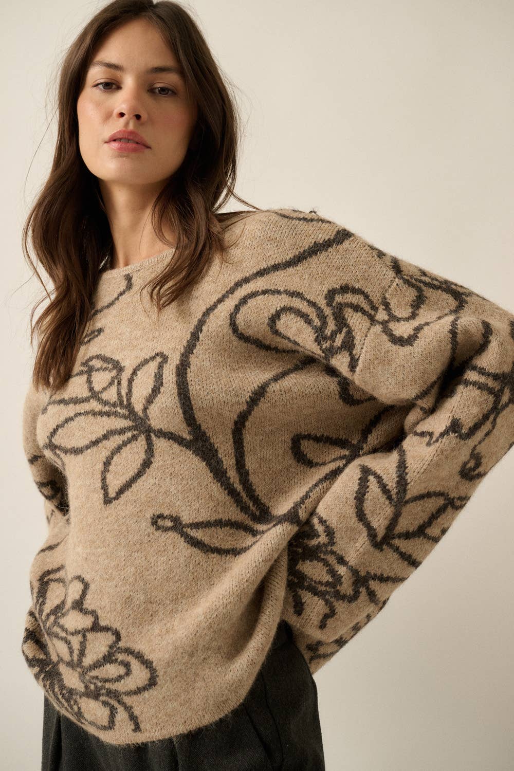 Floral Jacquard-Knit Drop-Shoulder Loose-Fit Sweater
