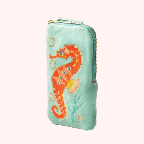 Seahorse Embroidered Velvet Sunglass Pouch Powder Design