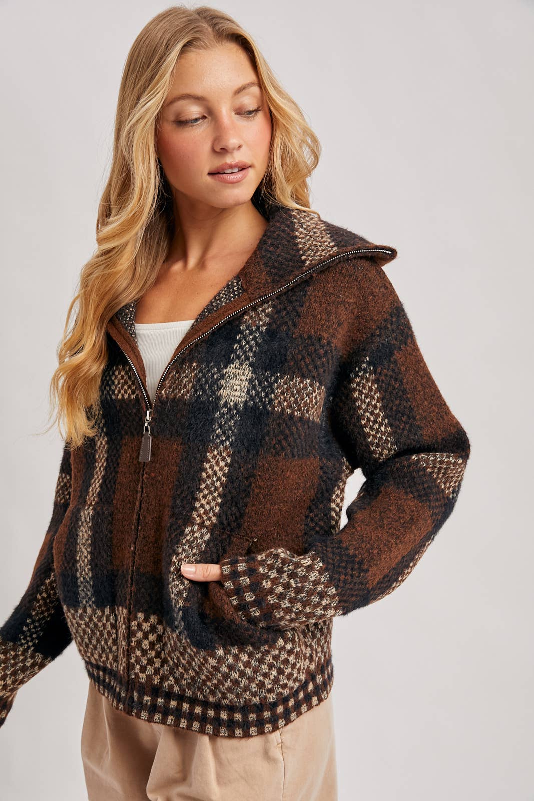 Plaid Zipper Front Wide Collar Jacket