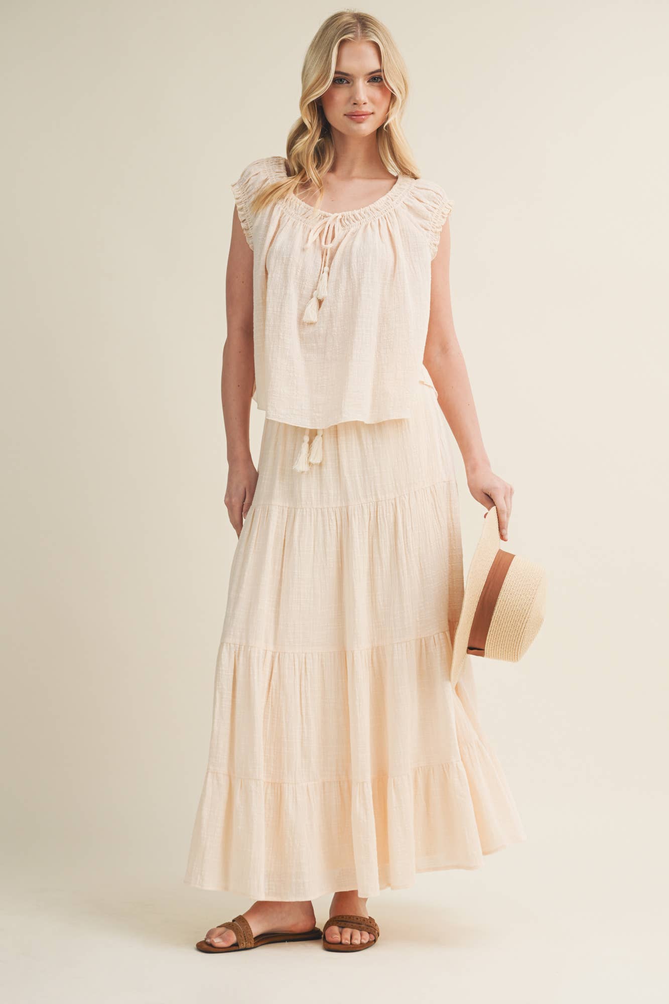 Gathered Tassel Tie Ruffle Sleeve Top