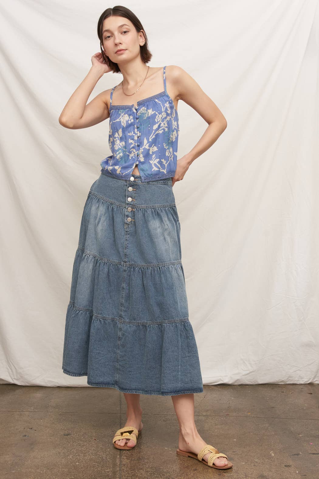Printed Cami Top with Lace Trim and Sequin Detail